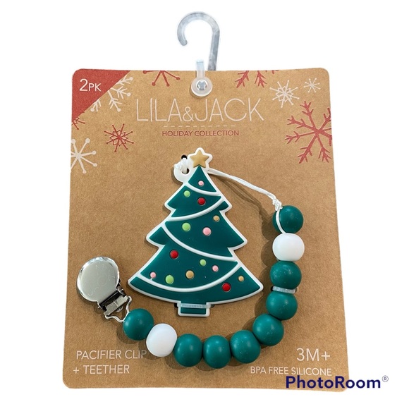 New! Lila & Jack Christmas Tree Pacifier Clip + Teether - Picture 1 of 9